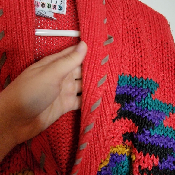80s Carolina Colours Cardigan Sm Embroidered Knit Red Chunky Oversized Sweater - Picture 9 of 11